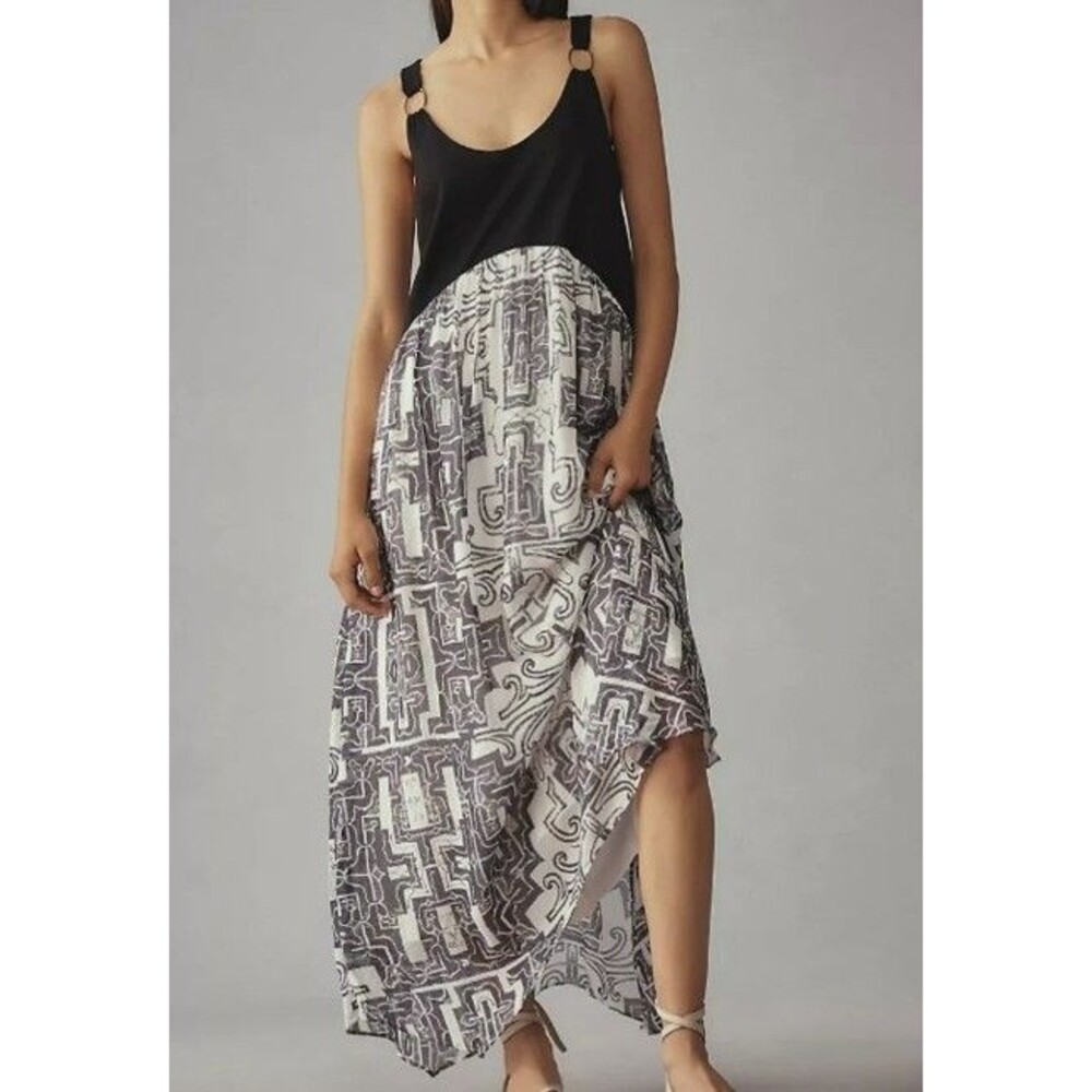 Anthropologie Mixed Media Maxi Dress Black Print Ring Strap Pockets Size Small